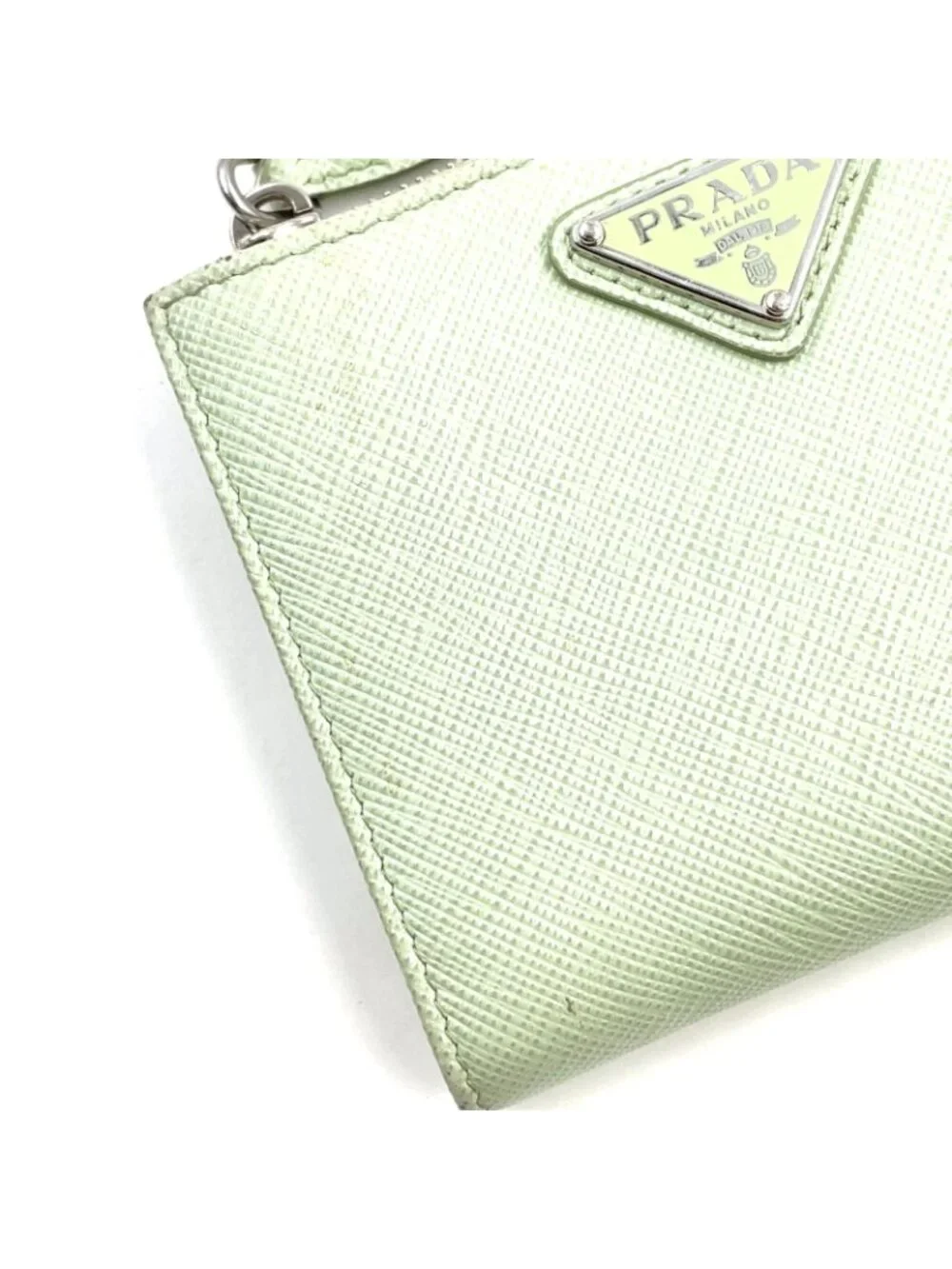 Prada Saffiano Wallet Leather Light Green Triang Silver